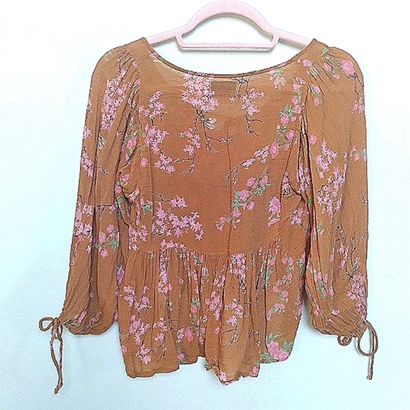 Urban Outfitters Burnt Orange Lace Up Floral Peplum Hem Puff Sleeve Blouse Small - Picture 5 of 13